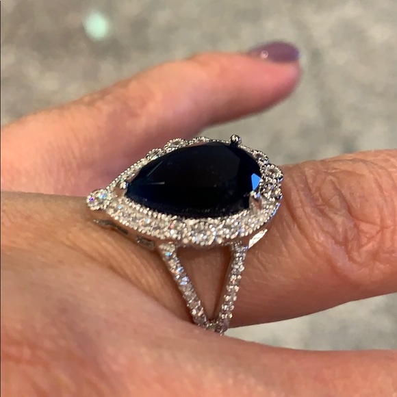 Blue 4ct Pear Sterling Silver Engagement Ring sz 9 - Picture 5 of 9